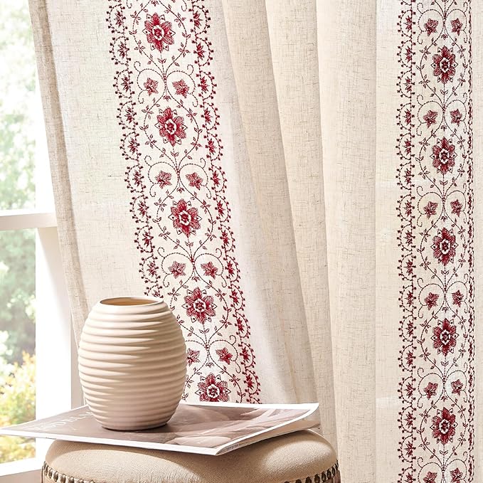 jinchan Floral Linen Curtains Embroidered Back Tab 50x63in 2 Panels Red | Light by JINCHAN