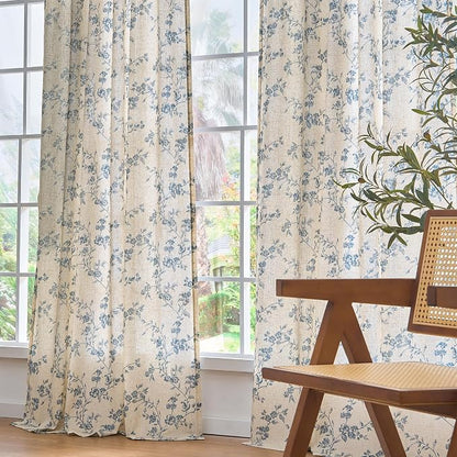 Blue Vintage Floral Linen Curtains Farmhouse 38W X 96L 2 Panels | Elisa Series - Image 9