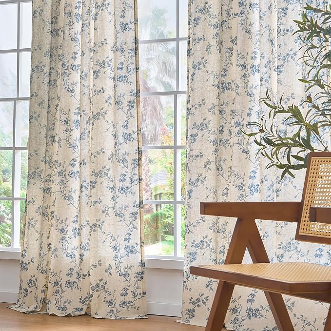 Blue Vintage Floral Linen Curtains Farmhouse 50W X 90L 2 Panels | Elisa Series - Image 7