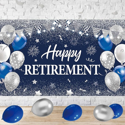 Blue Silver Happy Retirement Banner Large Retirement Party Banner Backdrop - Image 2