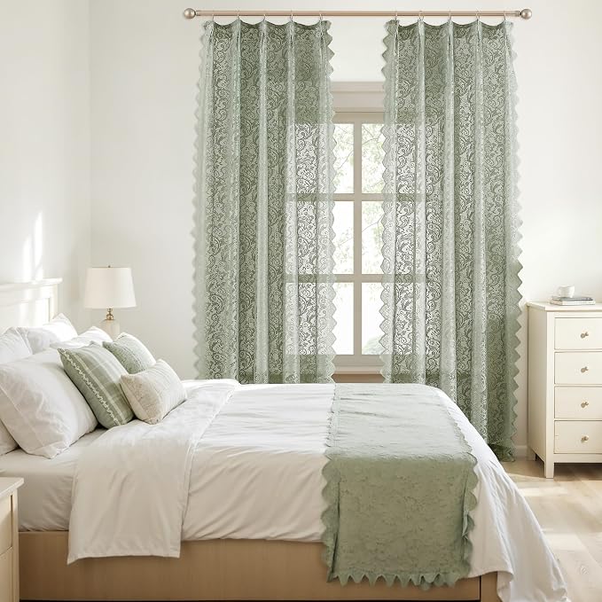 Bujasso Sage Green Lace Pinch Pleat Curtains 90 inch, Vintage Floral Sheer - Image 9