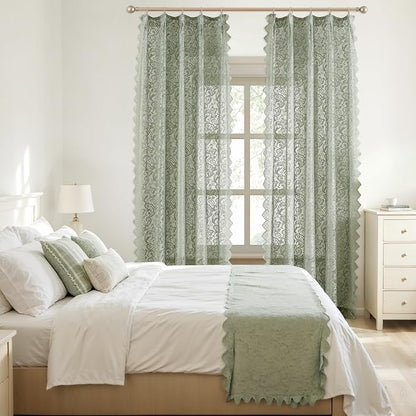 Bujasso Sage Green Lace Pinch Pleat Curtains 96 inch, Vintage Floral Sheer - Image 8