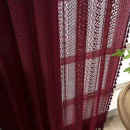 WAZZIO Boho Lace Curtains 63 Inches 2 Panel, Light Filtering Privacy Tassel & - Image 3