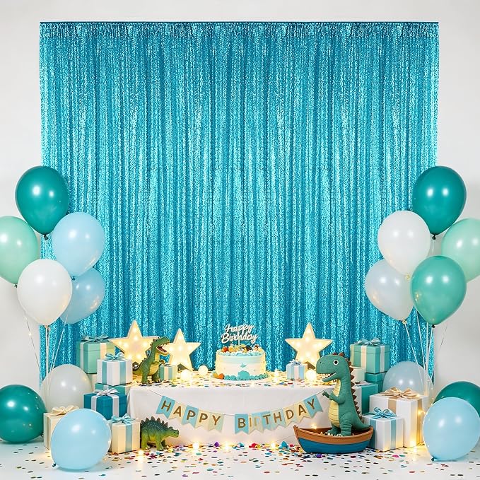 Hahuho Turquoise Sequin Backdrop Curtain, Party Decoration（2 Panels, 4FT x 8FT - Image 2