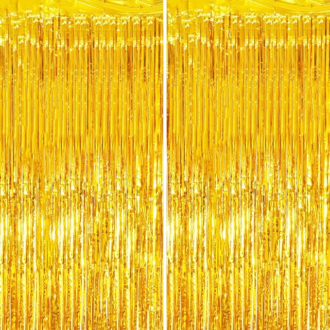 Voircoloria Gold Foil Fringe Backdrop Curtains, 2 Pack | Tinsel Streamers by Voircoloria