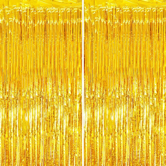 Voircoloria Gold Foil Fringe Backdrop Curtains, 2 Pack | Tinsel Streamers by Voircoloria