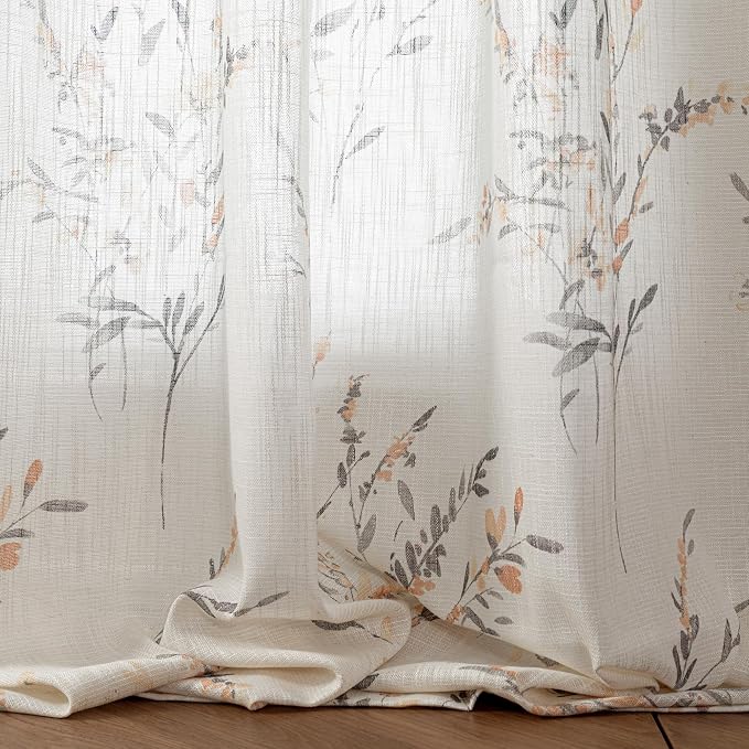 MYSKY HOME Sheer Curtains 108 Inch Length Semi Flax Linen Floral Farmhouse - Image 6