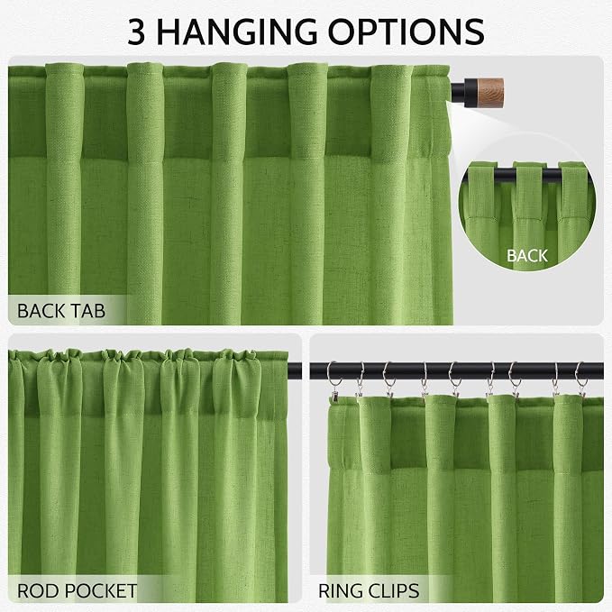 Lime Green Linen Blend Light Filtering Back Tab Curtains 108 Inches Long - Image 3