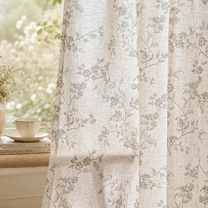 jinchan Taupe Floral Linen Curtains 90 Inch Farmhouse Back Tab 2 Panels | Taupe by JINCHAN