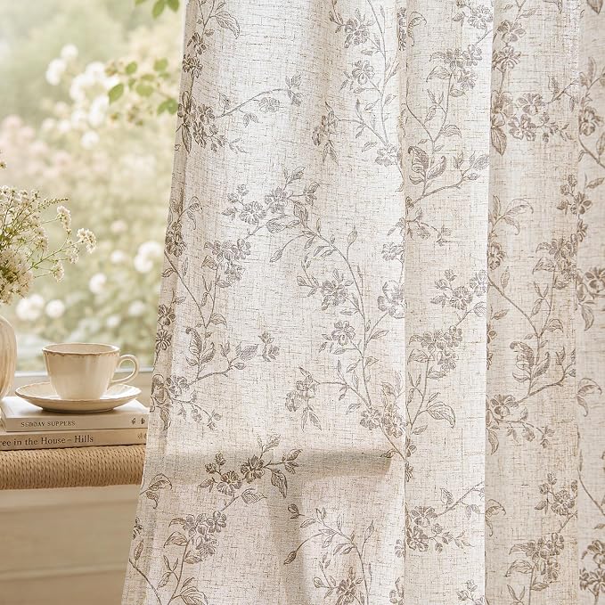 jinchan Taupe Floral Linen Curtains 84 Inch Farmhouse Back Tab 2 Panels | Taupe by JINCHAN