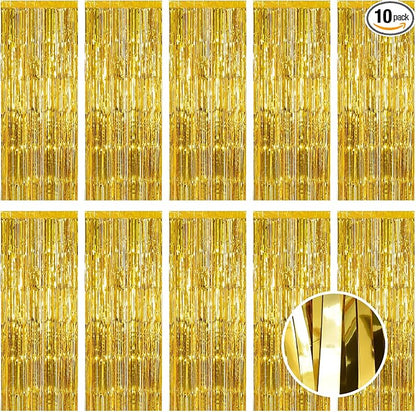 10 Pack Gold Foil Curtain Backdrop 3.2ft x 9.8ft Metallic Tinsel Foil Fringe by Ohiyoo