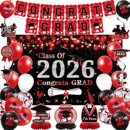 DARUNAXY Black Red Graduation Party Decorations, 2026 Congrats Grad Honeycomb by DARUNAXY