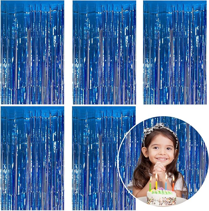 5 Pack Foil Curtain Backdrop Blue Metallic Tinsel Foil Fringe Curtains Photo by KEJ