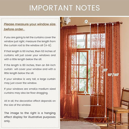 WAZZIO Boho Lace Curtains 105 Inch 2 Panels-Vintage Sheer Panel Drape Floral - Image 8
