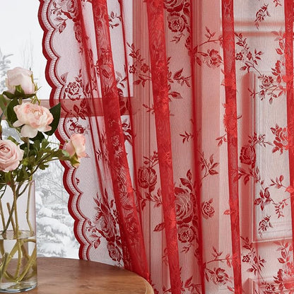 Red Lace Curtains 84 Inches Long 2 Panels by SEEKRIGHTHomeDecor