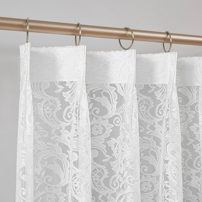 Bujasso White Lace Pinch Pleat Curtains 84 inch, Vintage Floral Sheer Drapes by Bujasso