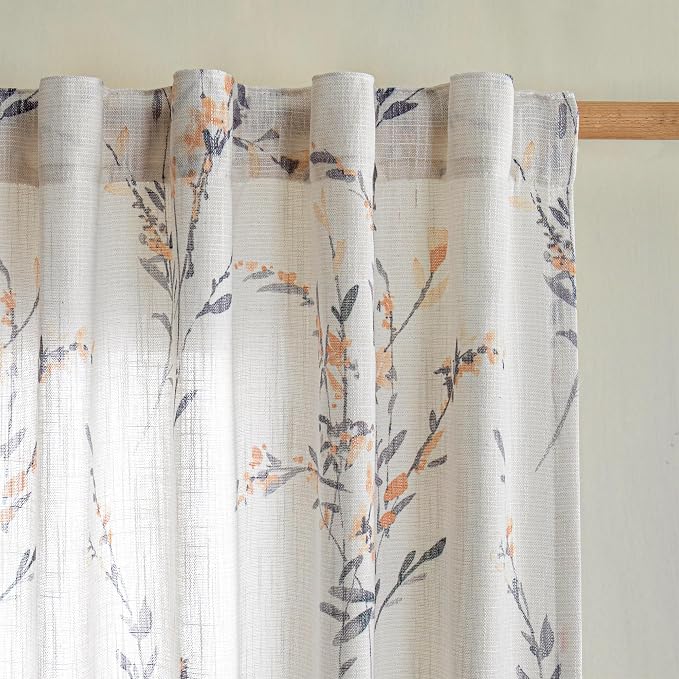 MYSKY HOME Sheer Curtains 108 Inch Length Semi Flax Linen Floral Farmhouse by MYSKYHOME