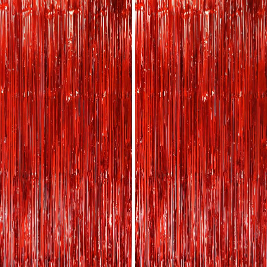 Voircoloria Red Foil Fringe Backdrop Curtains, 2 Pack | Tinsel Streamers by Voircoloria