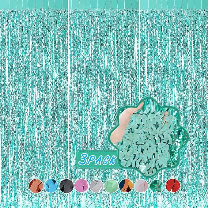 3 Pack Teal Aqua Blue Wave Foil Curtains by CYLMFC