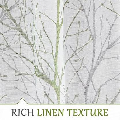 FMFUNCTEX Linen Sage Green White Semi Sheer Print Curtains 96 Inch 2 Panels | - Image 4