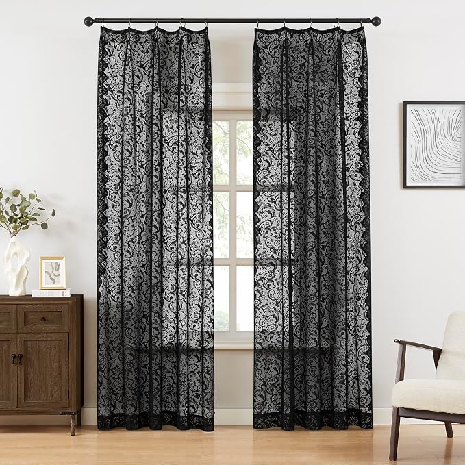 Bujasso Black Lace Pinch Pleat Curtains 84 inch, Gothic Vintage Floral Sheer - Image 3