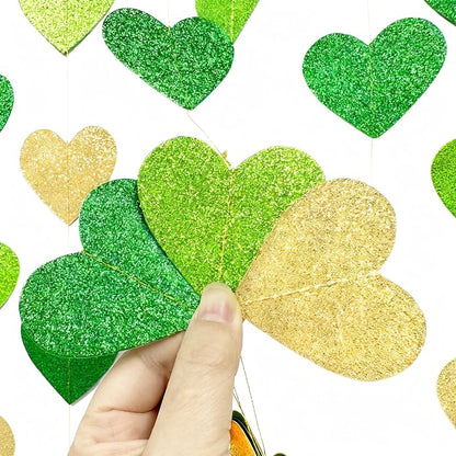 Gold and Green Heart Party Decorations Glitter Paper Love Heart Hanging Banner - Image 4