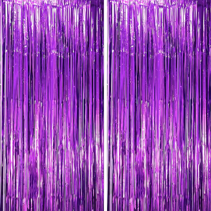 Voircoloria Purple Foil Fringe Backdrop Curtains, 2 Pack | Tinsel Streamers by Voircoloria