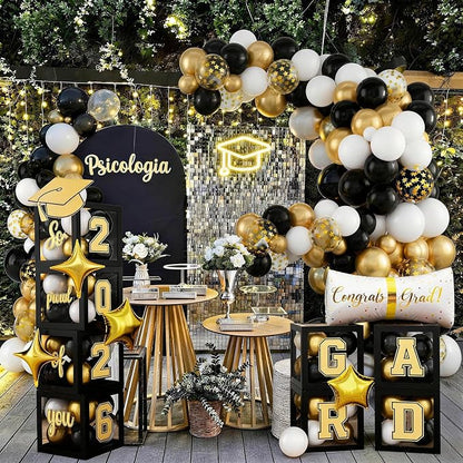 Black and Gold Graduation Decorations Balloons Boxes Arch - Image 3