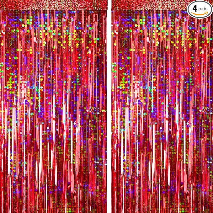 4 Packs Red Foil Fringe Curtain, Baby Shower, Casino Party Decorations Supplies by BSRESIN