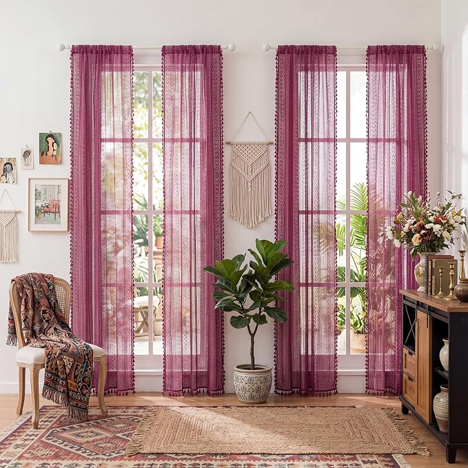 WAZZIO Boho Lace Curtains 84 Inches 2 Panel, Light Filtering Privacy Tassel & - Image 9