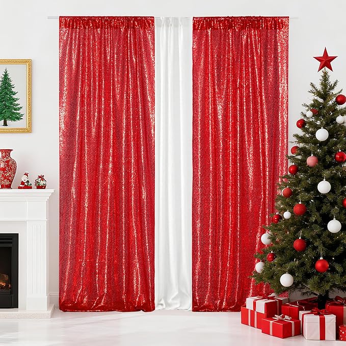 Poise3EHome 2Pcs 2Ft x 8Ft Red Sequin Backdrop Curtains, Glitter Photography - Image 3