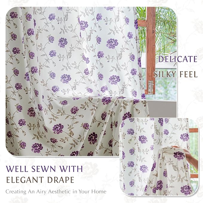 Beauoop Floral Sheer Curtains for Bedroom Purple Brown 52x96 2 Panels | Semi - Image 4