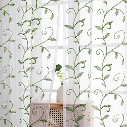 White Sheer Curtains Green Embroidered Leaves 2 Panels 54Wx108L | Light - Image 6
