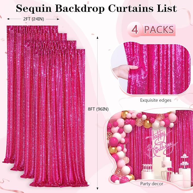 Fuchsia Sequin Backdrop Drapes 4 Panels 2FTx8FT Glitter Backdrop Curtains | - Image 3
