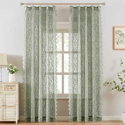 Bujasso Sage Green Lace Pinch Pleat Curtains 96 inch, Vintage Floral Sheer by Bujasso