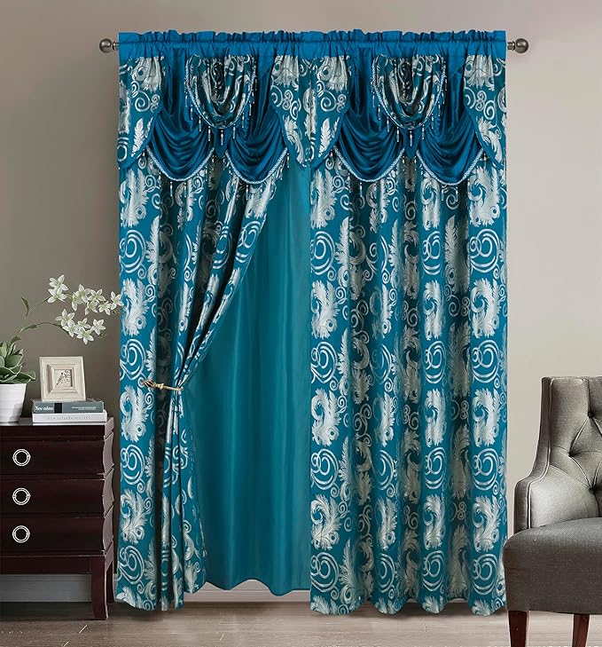 GLORY RUGS Jacquard Luxury Window 2 Panel Set Turquoise Curtain by GLORYRUGS