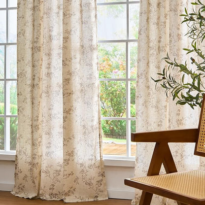 Taupe Vintage Floral Linen Curtains Farmhouse 38W X 90L 2 Panels | Elisa Series - Image 8