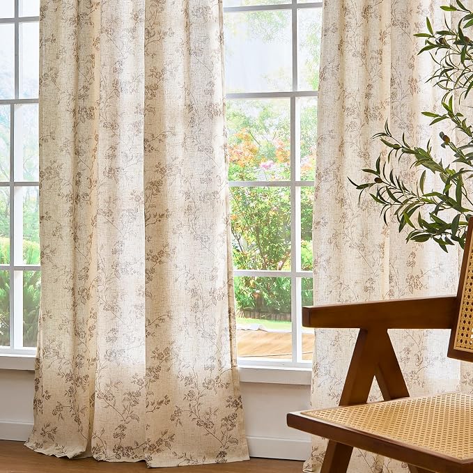 Taupe Vintage Floral Linen Curtains Farmhouse 50W X 63L 2 Panels | Elisa Series - Image 7