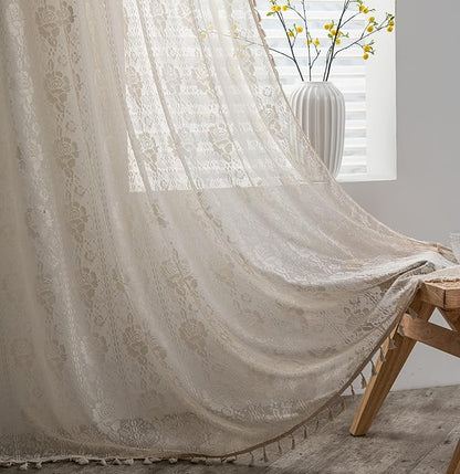 Sutuo Home Beige Boho Curtains for Bedroom Kid's Room, Bohemian Crochet Floral by SutuoHome