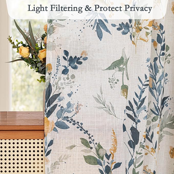 MYSKY HOME Floral Linen Curtains 90 inch Length 2 Panels Set - Image 3
