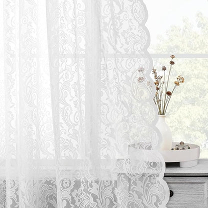 Bujasso White Lace Pinch Pleat Curtains 96 inch, Vintage Floral Sheer Drapes - Image 2
