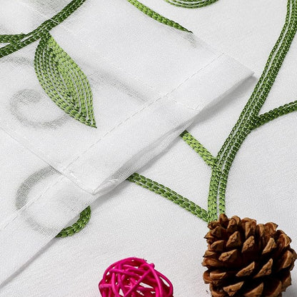 White Sheer Curtains Green Embroidered Leaves 2 Panels 54Wx63L | Light - Image 5