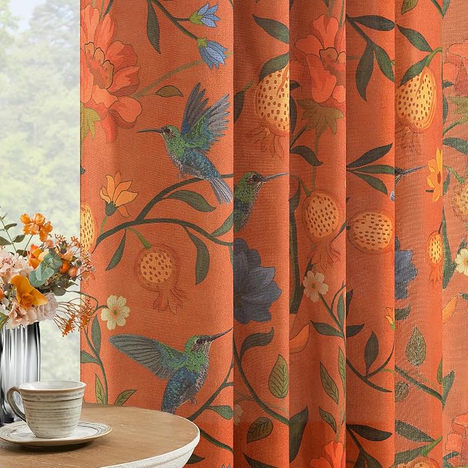 Terracotta Floral Linen Curtains, Boho Whimsical Bird Print Curtains - Image 3