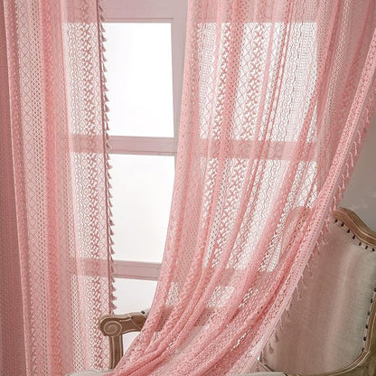 WAZZIO Boho Lace Curtains 84 Inches 2 Panel, Light Filtering Privacy Tassel & - Image 4