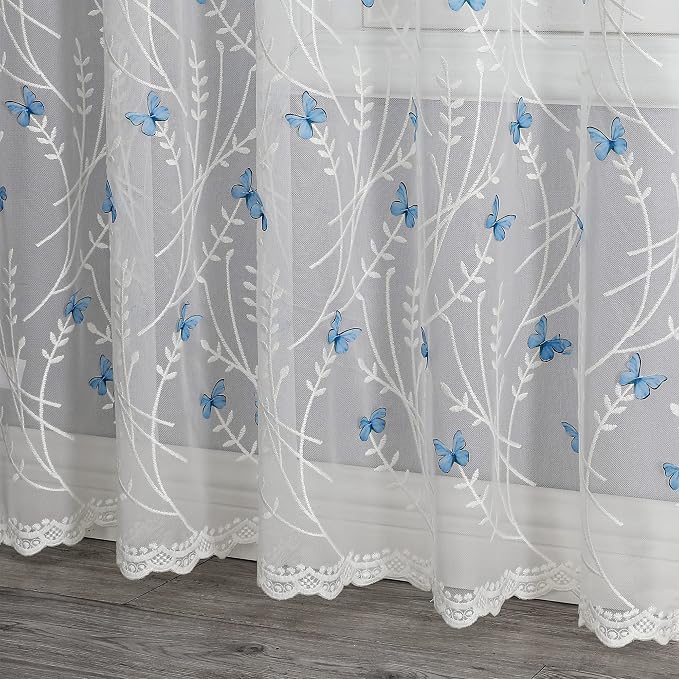White Sheer Voile Curtains White Embossed Butterflies 96 Inches | Light - Image 3