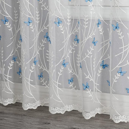 White Sheer Voile Curtains White Embossed Butterflies 96 Inches | Light - Image 3
