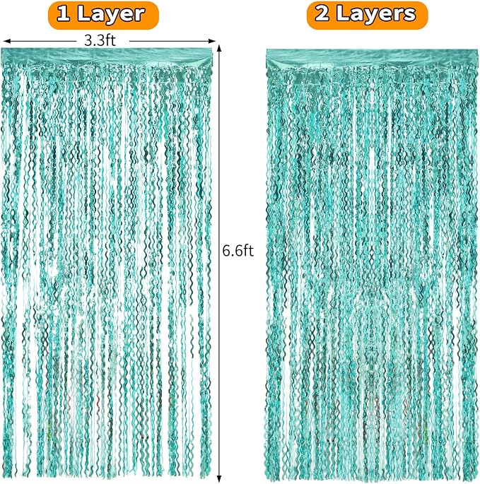 4 Pack 3.3 ft x 6.6 ft Wavy Aqua Teal Blue Tinsel Foil Fringe Curtains Backdrop - Image 6
