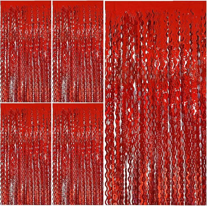Red Tinsel Foil Fringe Curtains Wavy Backdrop by BOMSI