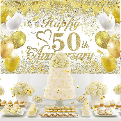 50th Wedding Anniversary Decorations Banner White Gold Happy 50th Anniversary - Image 4
