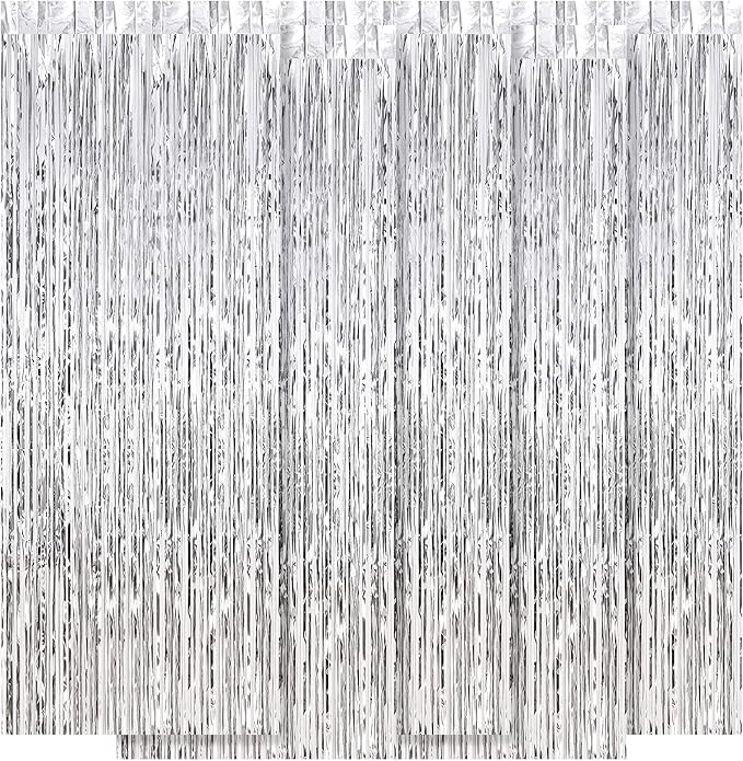 5 Pack Silver Fringe Backdrop 3.2ft x 8.2ft Foil Fringe Curtains Party Tinsel by Ohiyoo